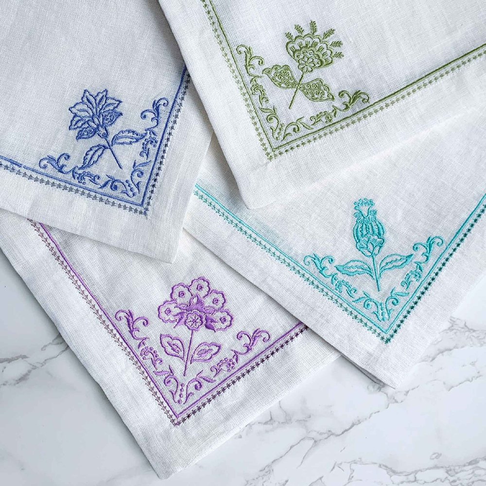 White Linen Napkin Set with Multi-color Signature Floral Embroidery and  Hemstitch Design — Mary DiSomma