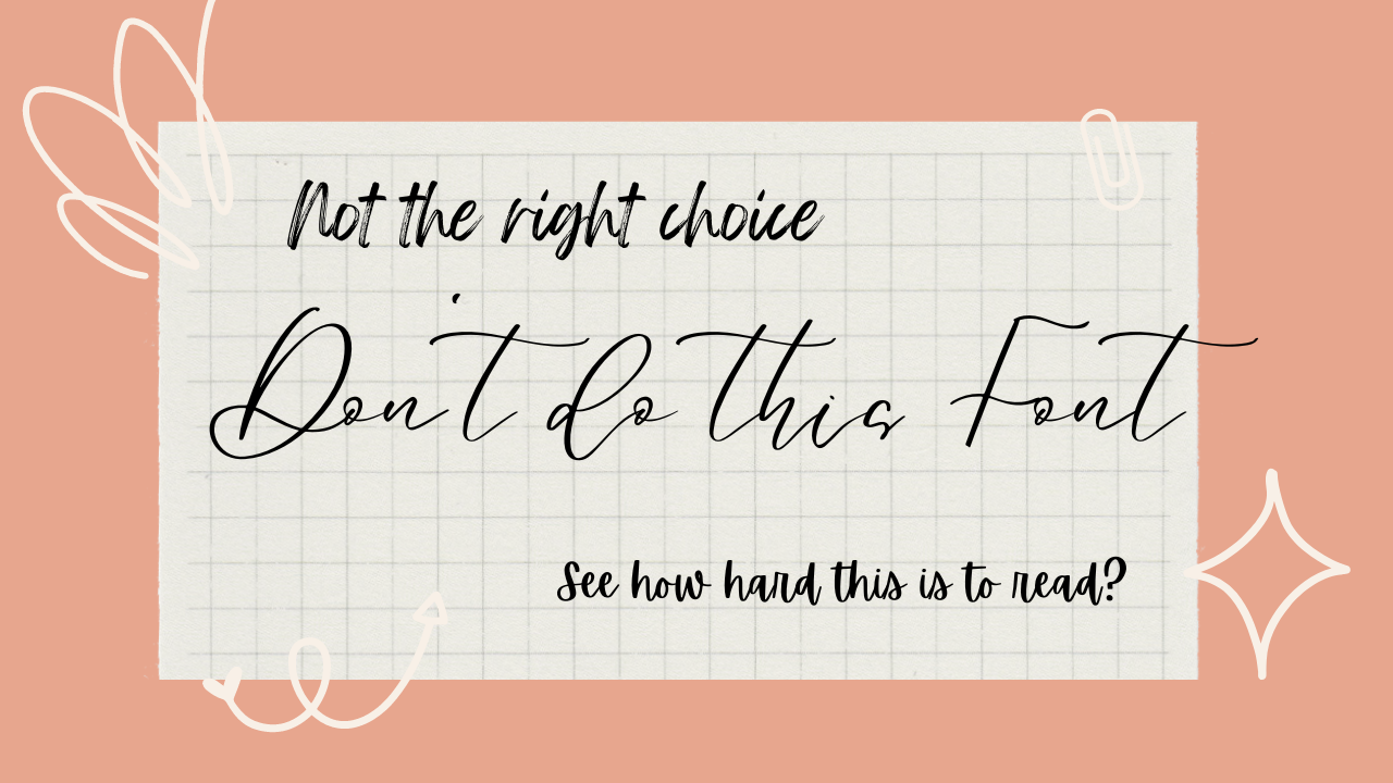 Three samples of cursive fonts to demonstrate how difficult they are to read.