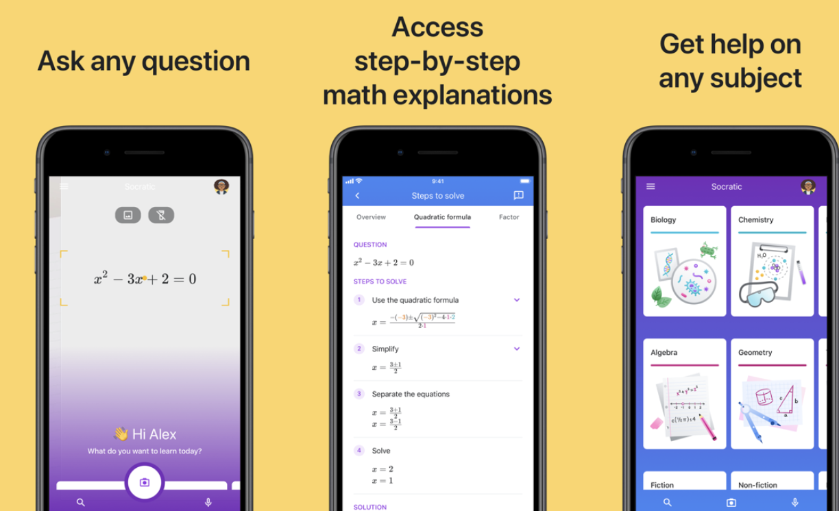 screenshot of socratic's functionalities, including the ability to photograph and upload questions, offer steo-by-step explanations, and talk about any subject - math, chem, lit, etc