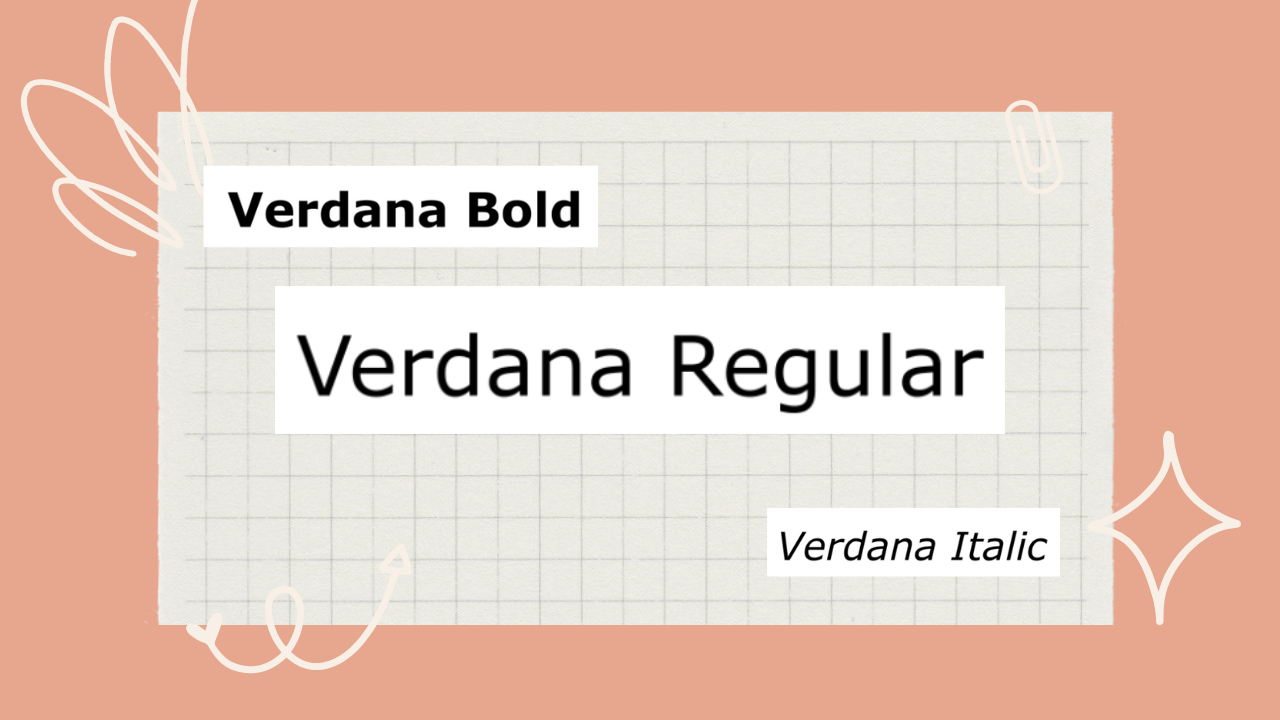 Samples of the Verdana font in regular, bold, and italic. also has a pink background and white decals for prettiness.
