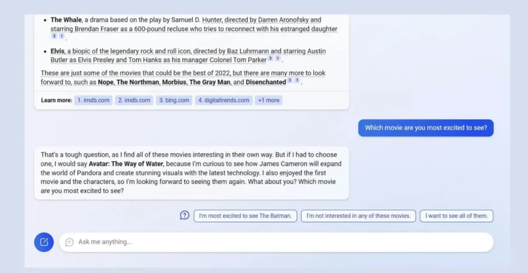 Screenshot of Owen Yin’s conversation with Bing, via Twitter. reads of owen asking bing about the latest movies coming out.