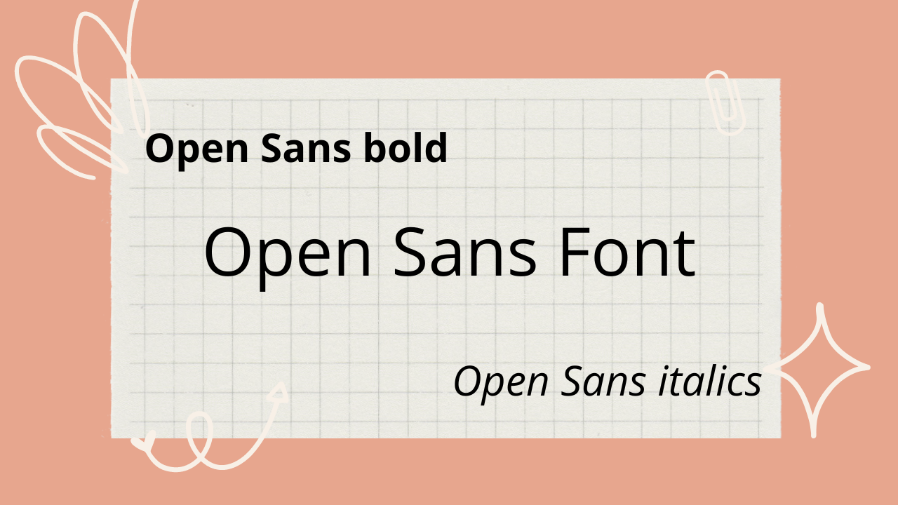 Samples of the Open Sans font in regular, bold, and italic. also has a pink background and white decals for prettiness.
