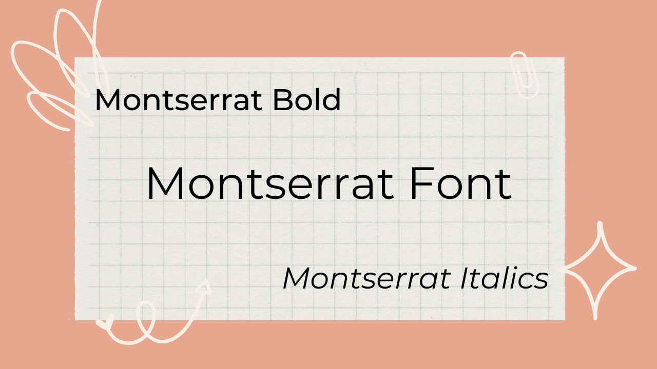 Samples of the Montserrat font in regular, bold, and italic. also has a pink background and white decals for prettiness.