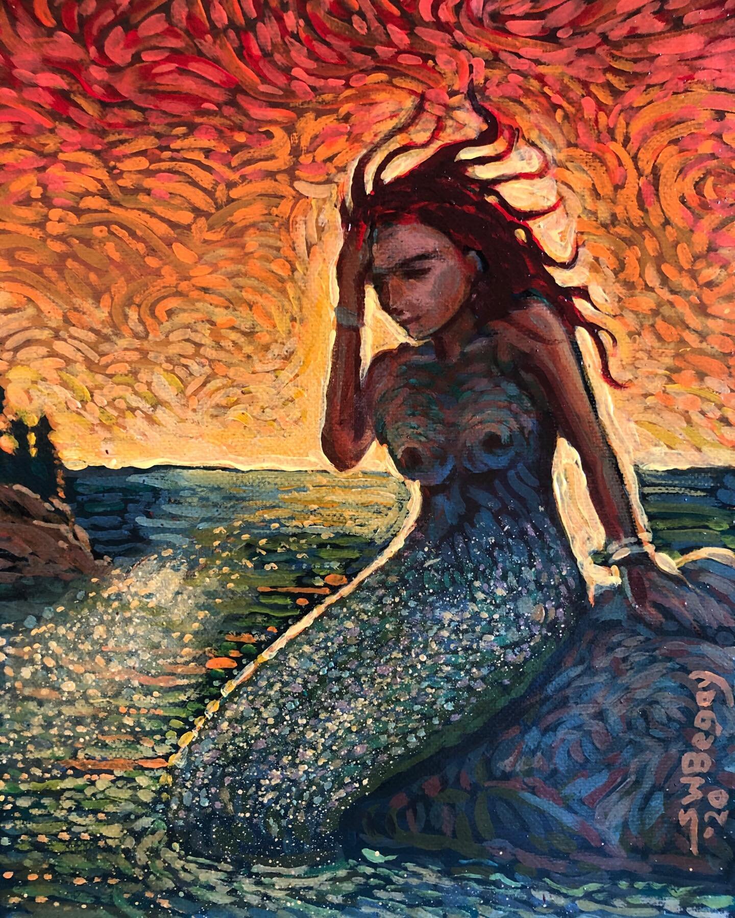 The 2020 Show, new paintings by #ShontoBegay in our annual exhibit of this Dine&rsquo; master painter and storyteller, opening Friday, July 3. Mermaid Respite oil on canvas