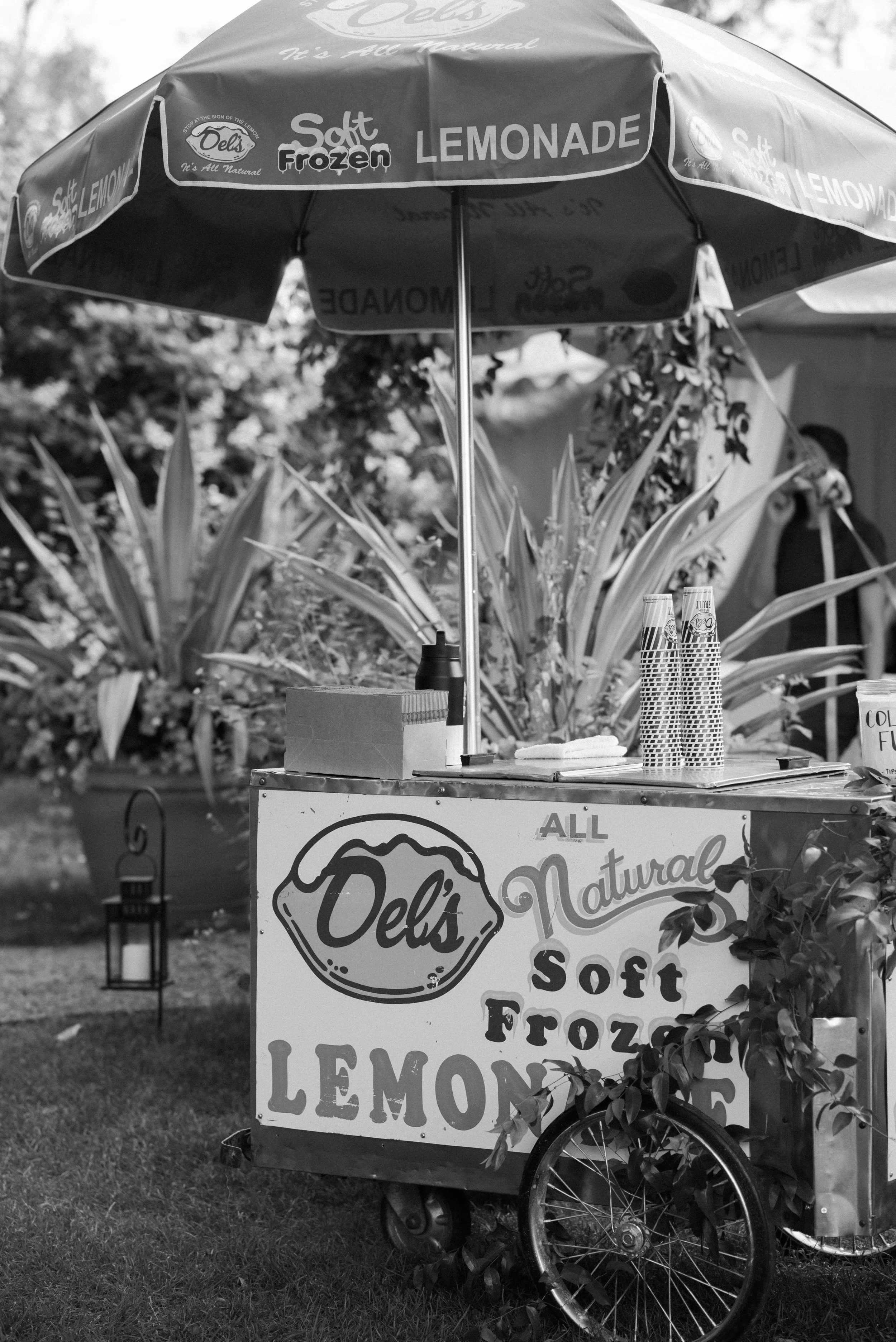 A vintage lemon stand with an umbrella that says 'Soft Frozen Lemonade.' The stand has a sign that reads 'Del's All Natural Soft Frozen Lemonade.' There is a bicycle wheel attached to the stand and some cups on top. In the background, there are plant