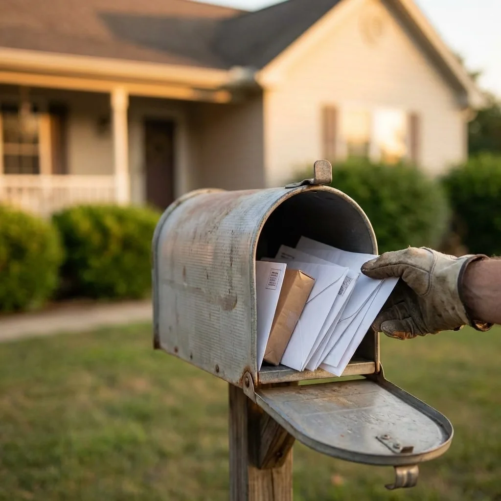 Person retrieving mail which includes tax debt bills