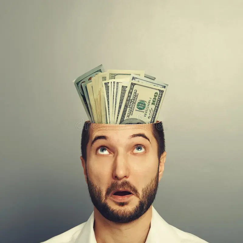 Man with cash sticking out of his head like a hat.