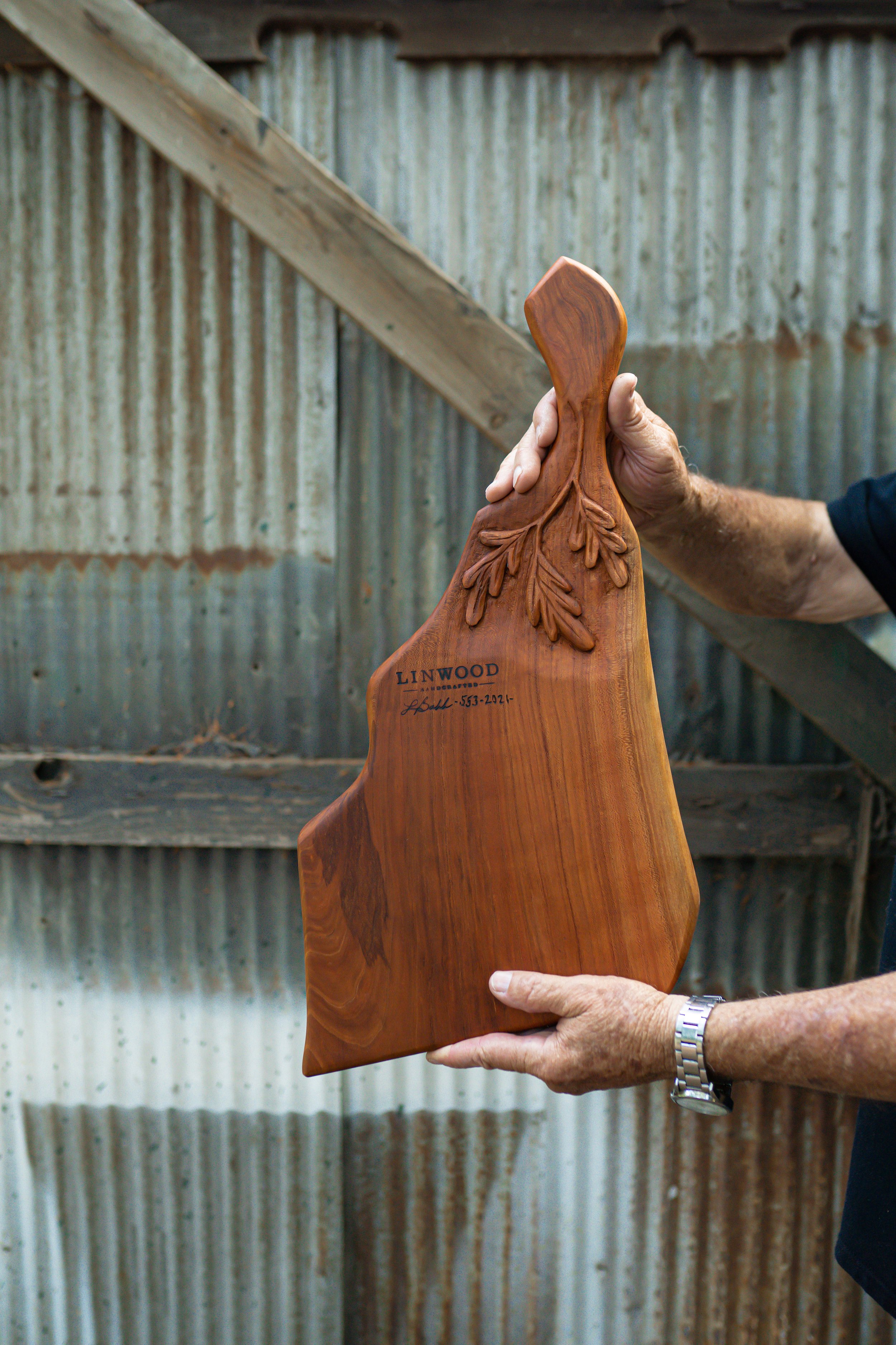 553. Handmade Leaf Carved Cherry Wood Cutting Board by Lin Babb of Linwood Co.