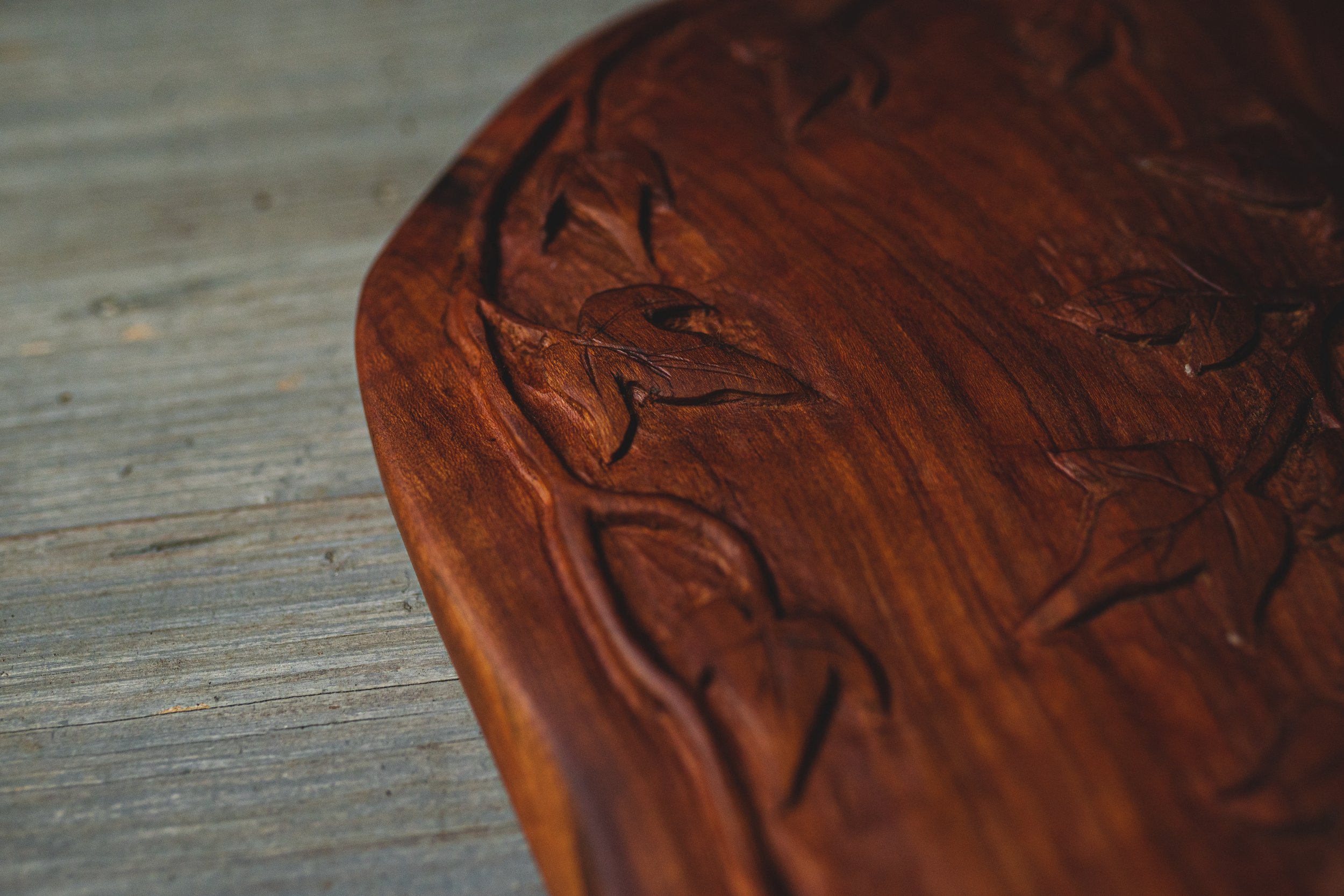 564. Handmade Leaf Carved Cherry Wood Cutting Board by Lin Babb of Linwood Co.
