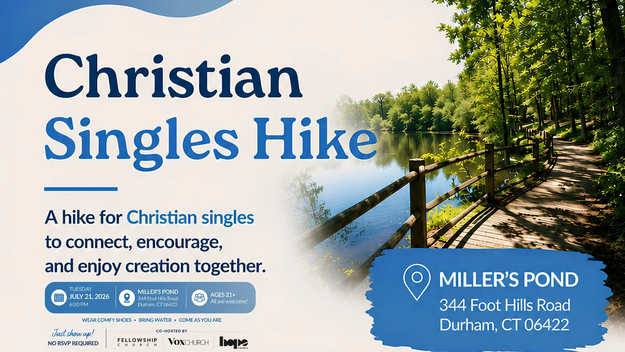 July 21, 6p - "Christian Singles Hike" sponsored by a few area churches including Hope. Just show up! Age 21+