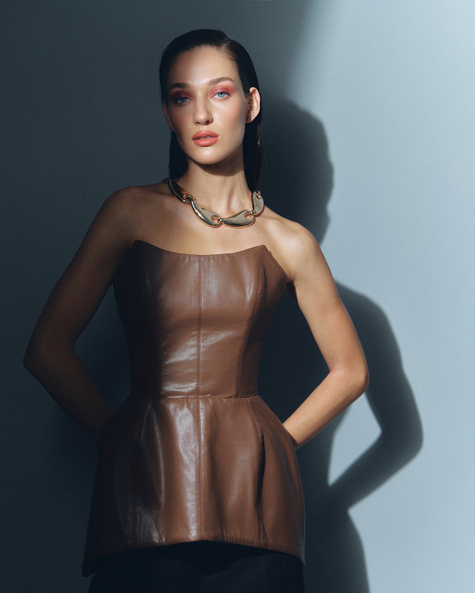 A woman with dark hair and blue eyes wearing a brown leather strapless dress and a chunky silver necklace, standing against a plain background with shadows.