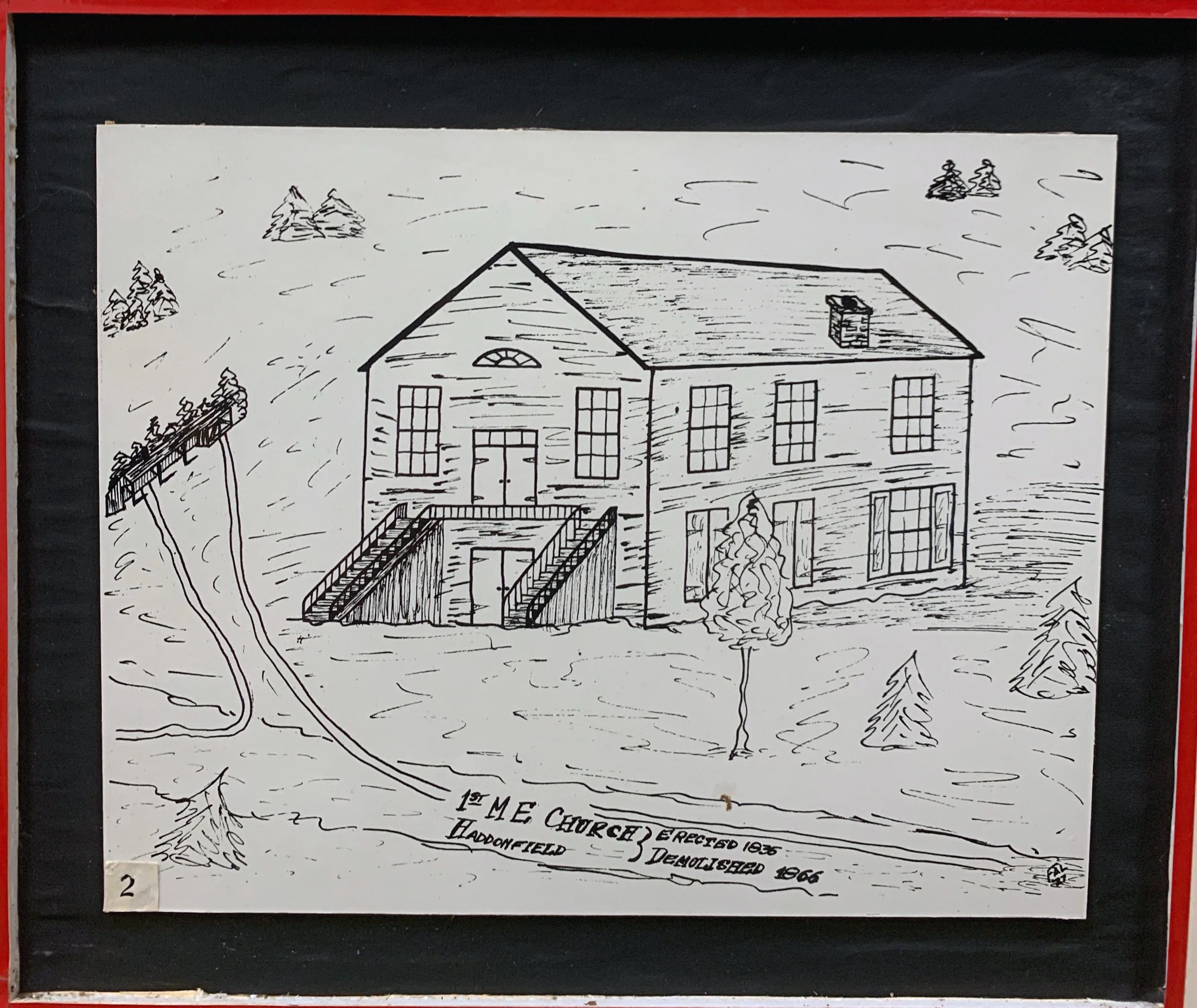 Line drawing of the original Methodist Meeting House in Haddonfield.