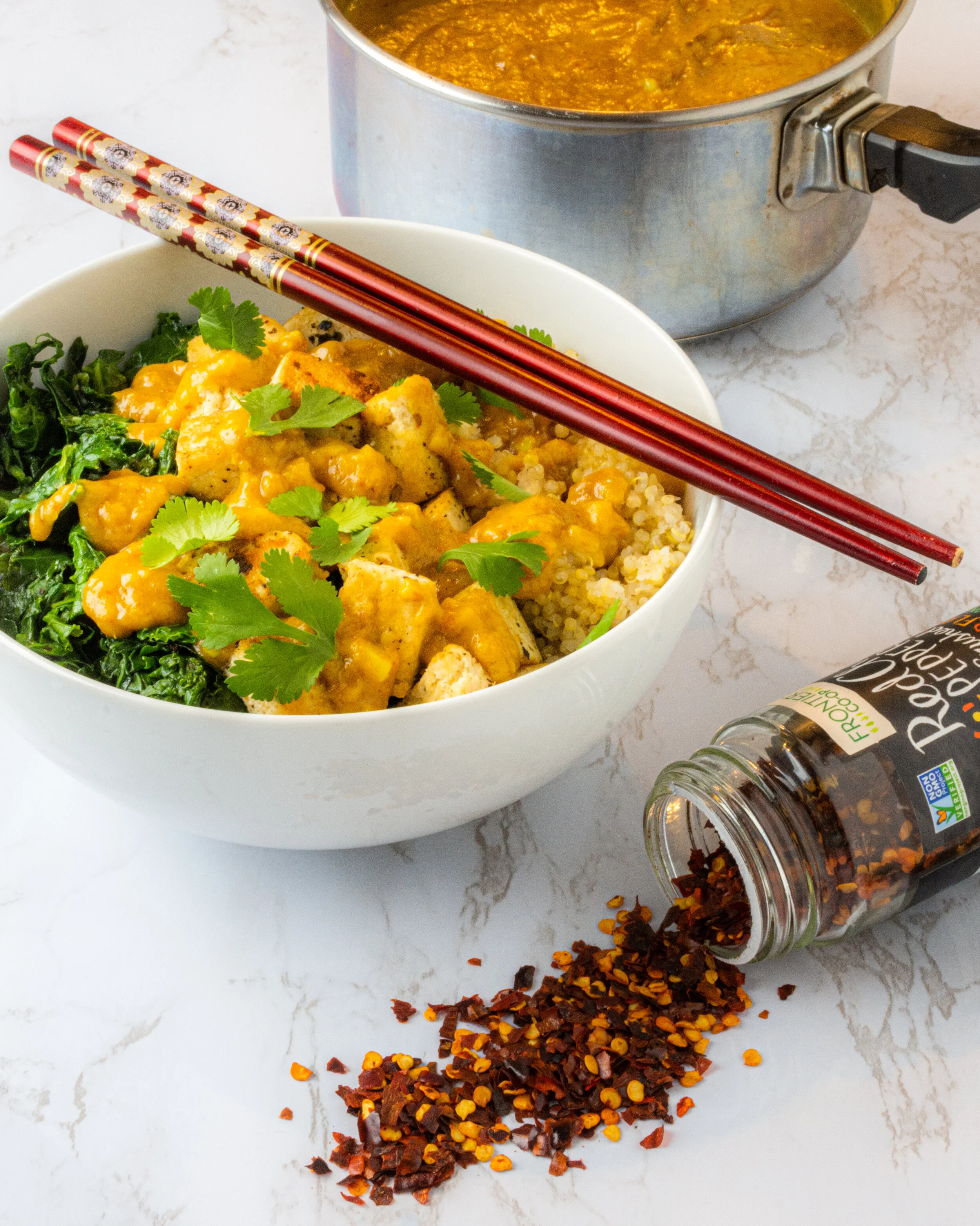Curried Peanut Sauce Bowl, with Tofu and Kale