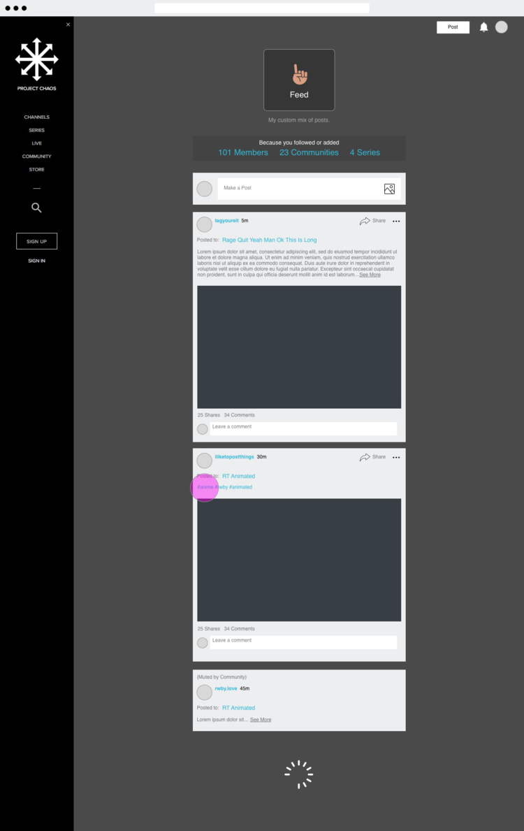 Early wireframe of feed page