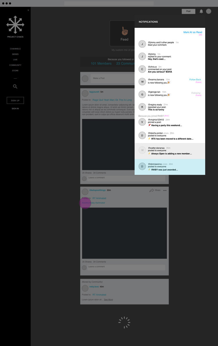 Early wireframe of notifications panel