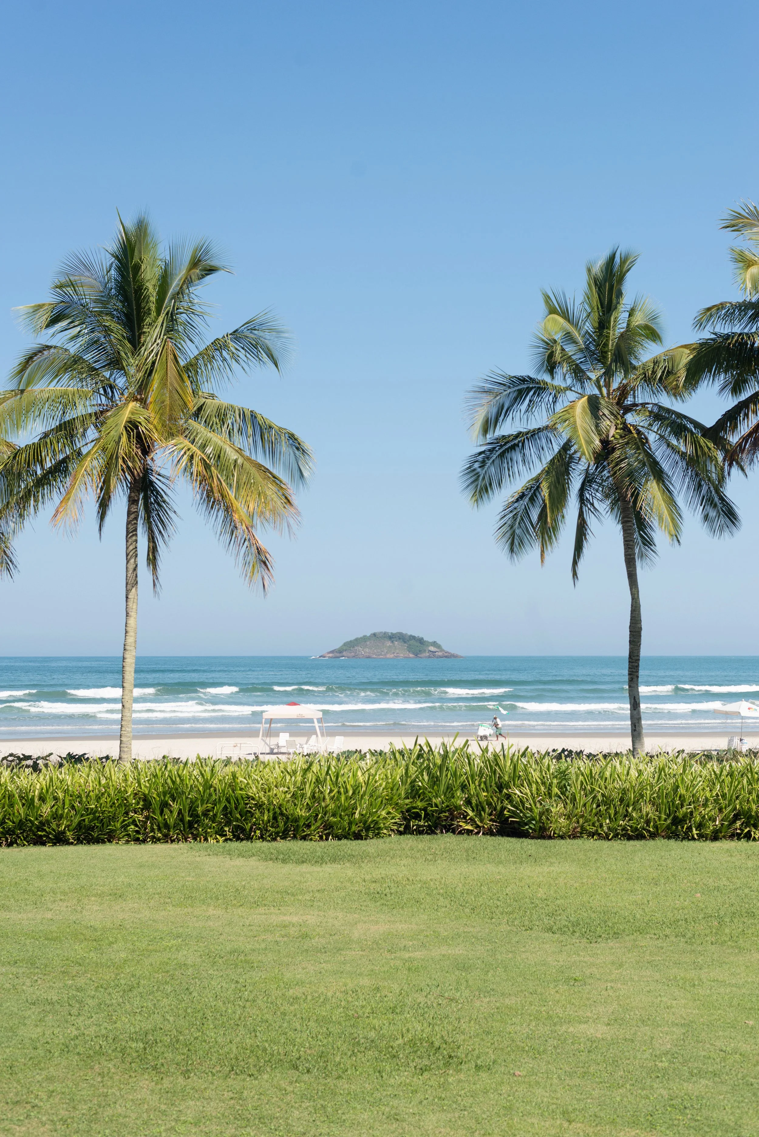 Tropical beach scene with palm trees and an island in the distance.