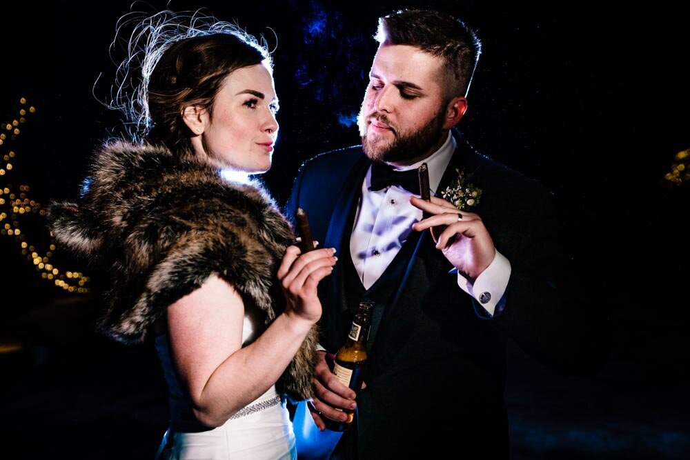  Bride and groom nighttime photos - Tapestry House winter wedding by Fort Collins wedding photographer, JMGant Photography 