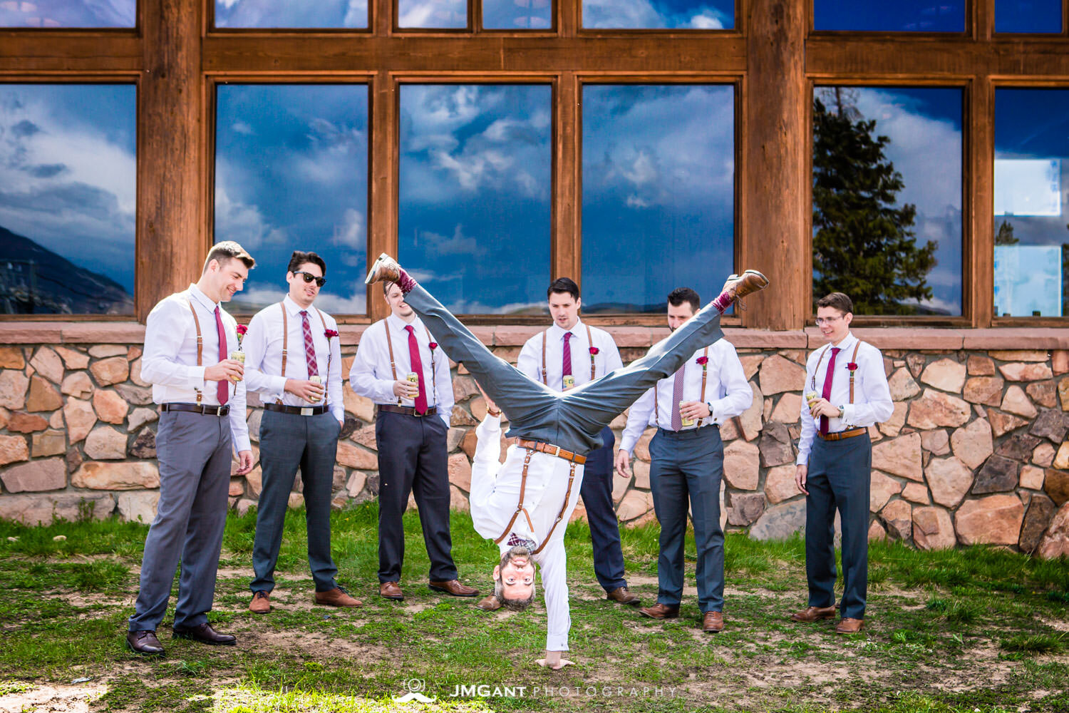 Groom doing a handstand! Wedding party photos at Winter Park, mountain wedding at the Lodge at Sunspot, photographed by JMGant Photography 