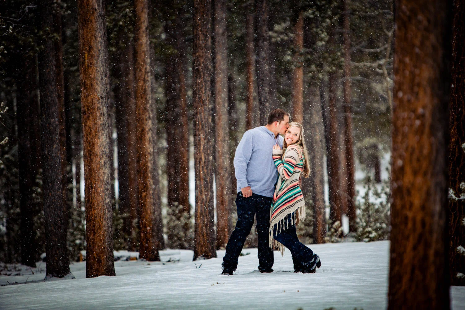  Snowy Estes Park engagement session with a nurse and fireman. 