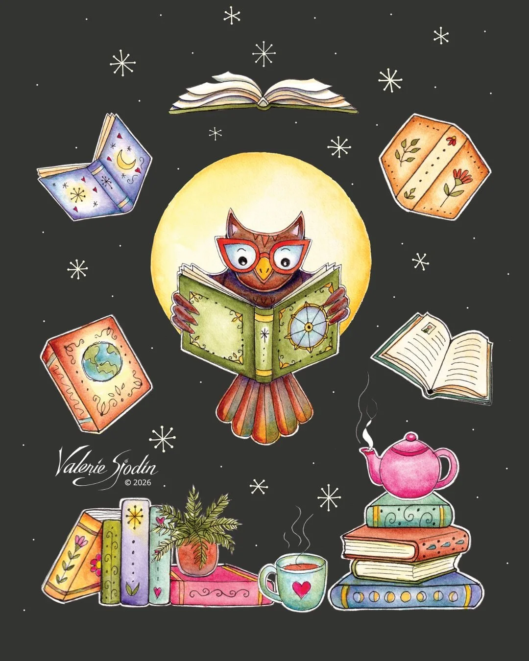 Days are shortening. Warm light illuminating the mystery. Books and learning in full swing, cups of tea, and nurturing with coziness. 

What do you love about the Fall season?

#AutumnCozy #AutumnArt  #FallArt #SurfaceDesign #CuteOwlArt