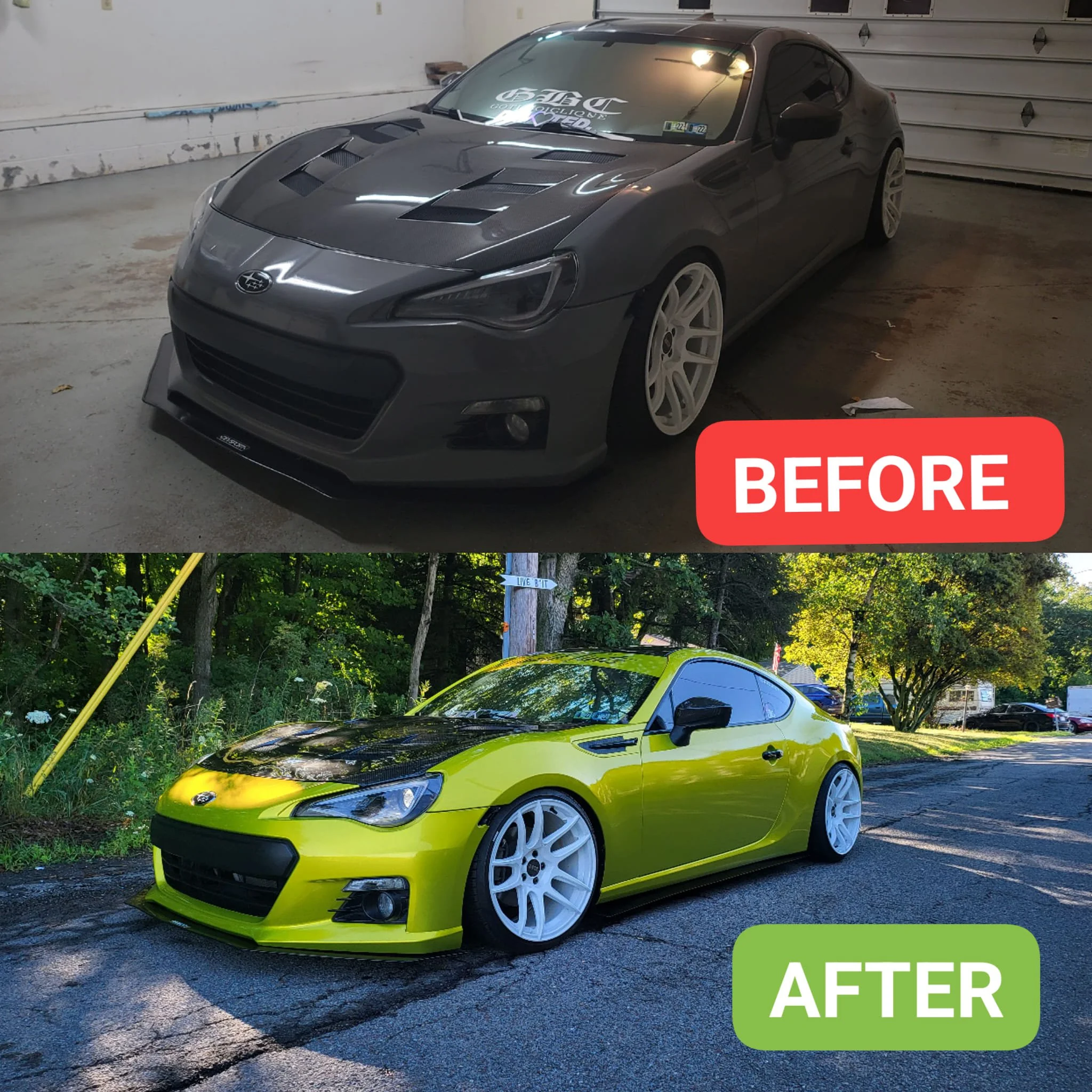 Comparison of a gray Subaru car in a garage before modifications and a bright yellow Subaru car outdoors after modifications, with aftermarket wheels and hood vent.
