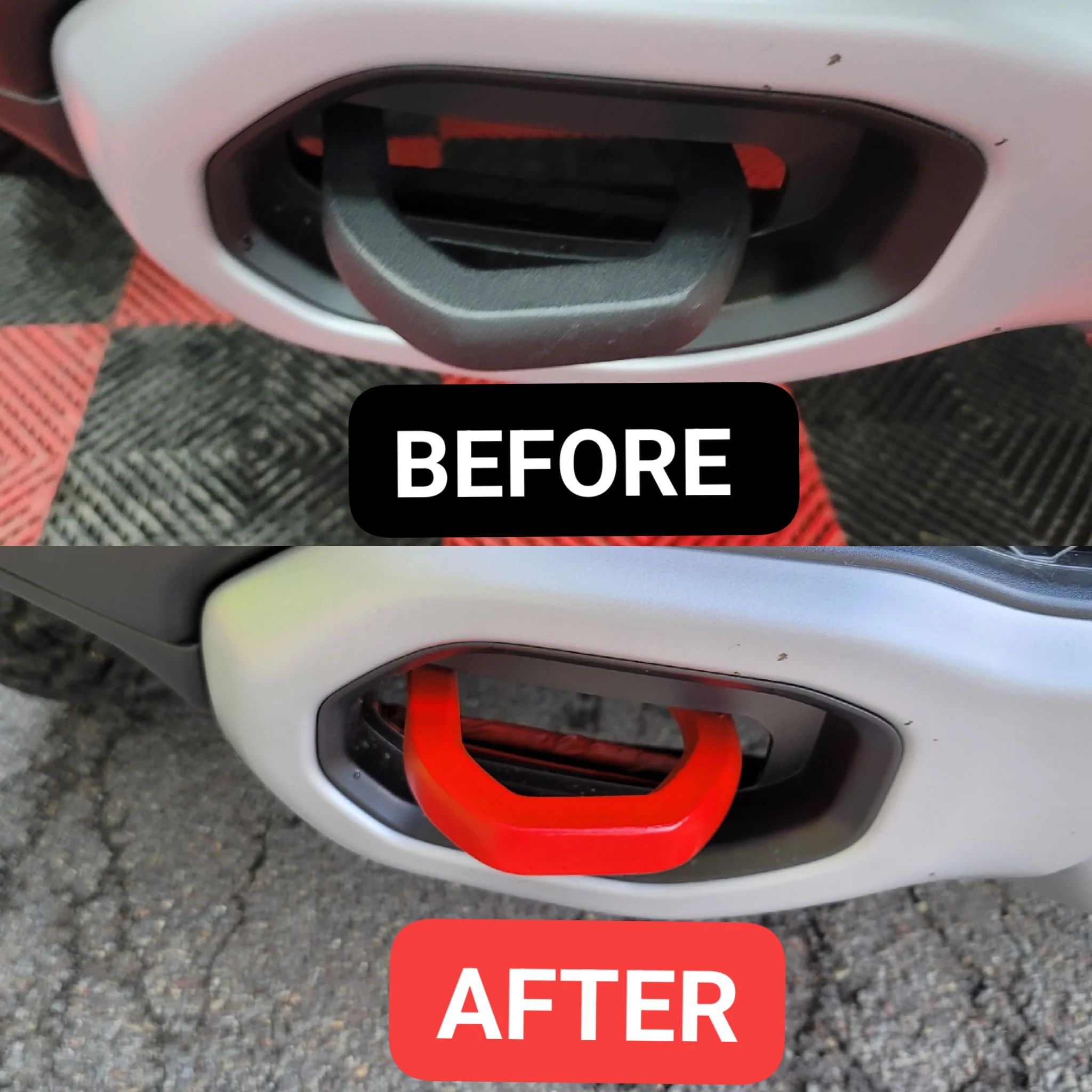 Side-by-side comparison of a car door handle area before and after a replacement or repair. The 'before' image shows a dark gray handle surrounding a black opening; the 'after' image shows the same area with a new bright red handle.