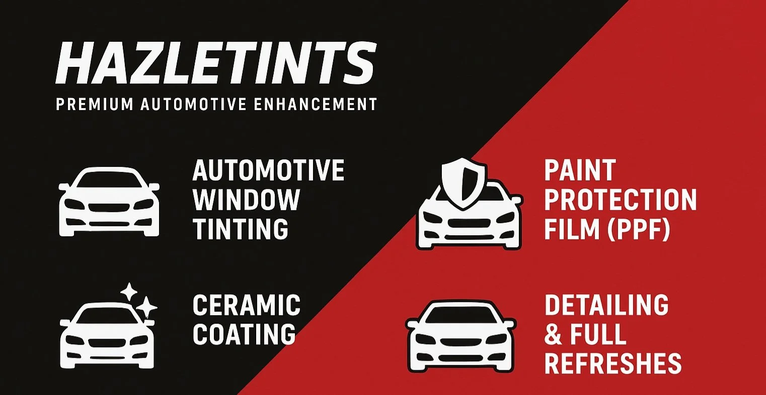 Graphic comparing automotive enhancement services, with icons of cars and related text, divided into two sections, black on the left and red on the right.