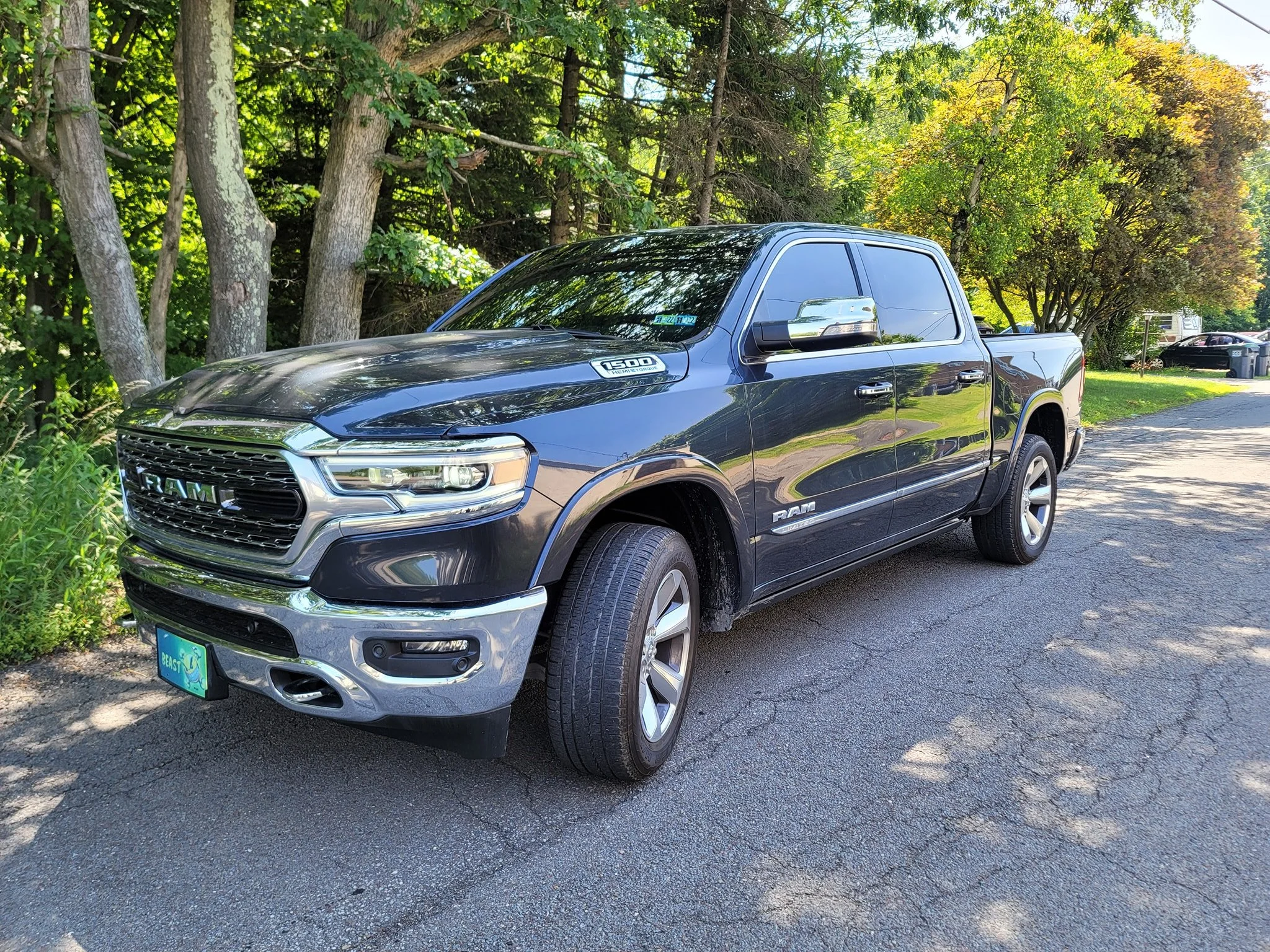 A black RAM pickup truck parked on a residential street, surrounded by trees and greenery.