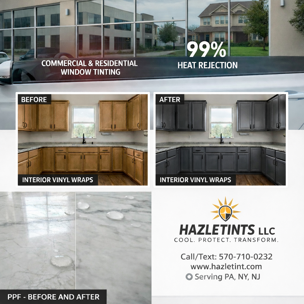 Advertisement for Hazleton's LLC showing window tinting services with a before and after comparison. The image includes a building exterior with window tinting and a claim of 99% heat rejection. There are two kitchen images labeled 'before' and 'after' showing interior vinyl wraps, with the 'before' kitchen in natural wood and the 'after' kitchen in dark gray. A close-up of a marble surface shows water droplets, labeled 'PPF - Before and After.' The company's logo and contact information are also displayed.