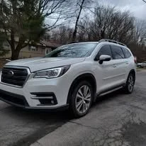 White SUV parked on a residential street with leafless trees and houses in the background