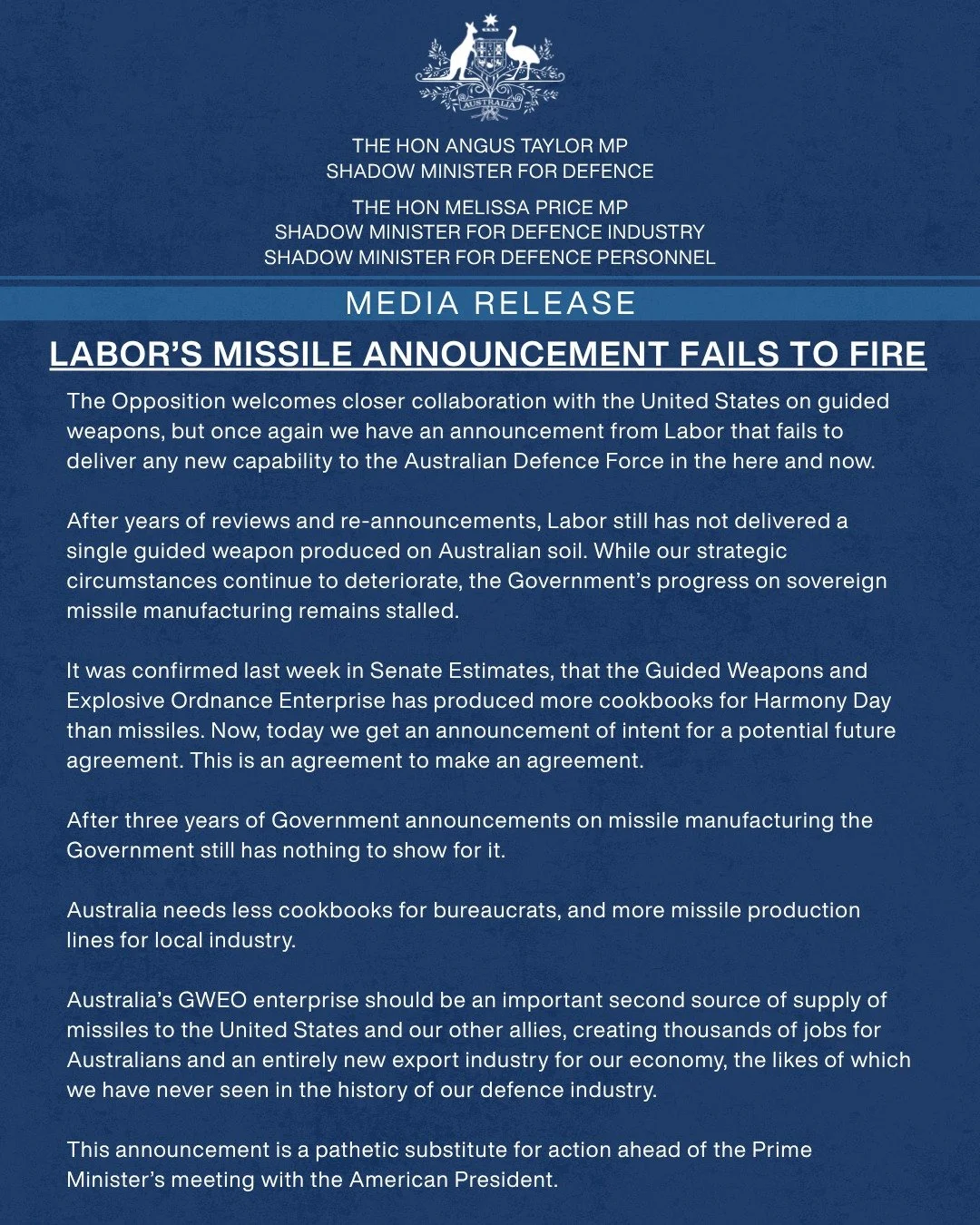 Media Release - Labor's Missile Announcement Fails to Fire