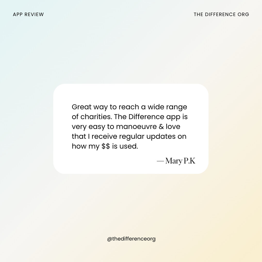 We love when we receive reviews like this! Thanks Mary. ​​​​​​​​​
If you're loving The Difference app too, don't be shy, reach out and let us know 🫶💙💛🫶

#TheDifference #MakeChange #NotForProfit #RoundUpCharity #RoundUp #RoundUpMoneyApp #RoundUpCe