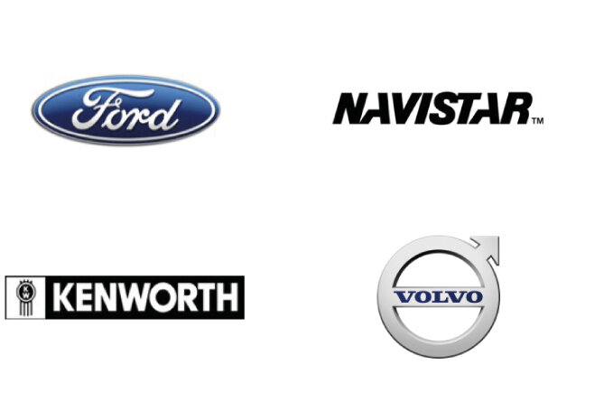 Batch of truck manufacturer logos: Ford, Navistar, Kenworth, Volvo