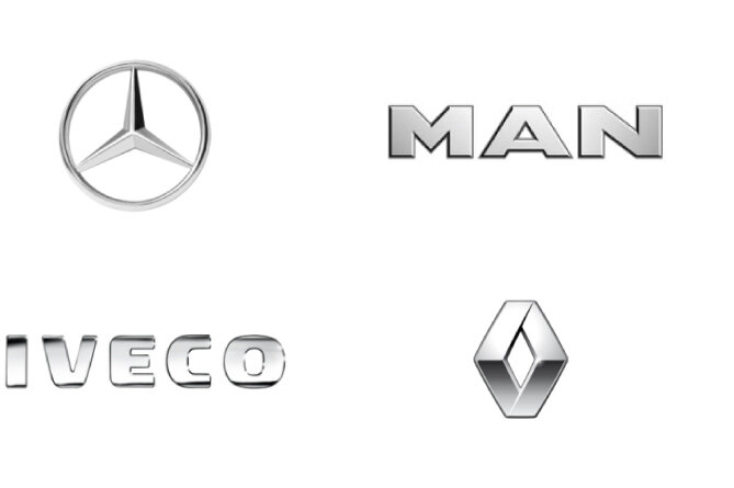 Batch of truck manufacturer logos: Mercedes, MAN, Iveco, Renault