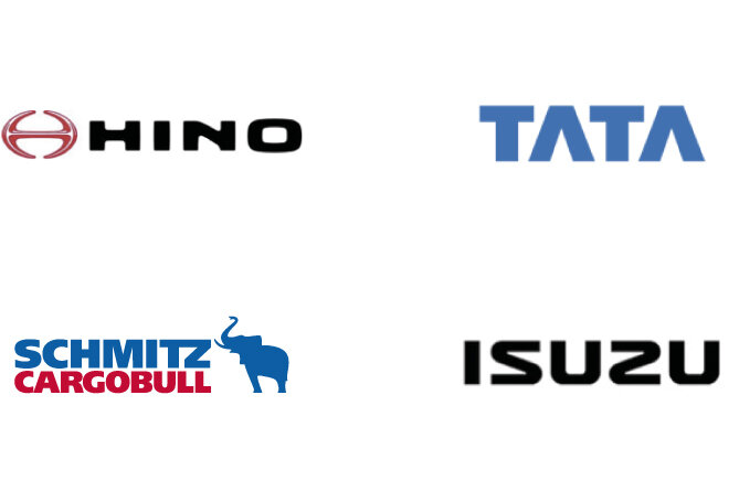 Batch of truck manufacturer logos: Hino, Tata, Schmitz CargoBull, Isuzu