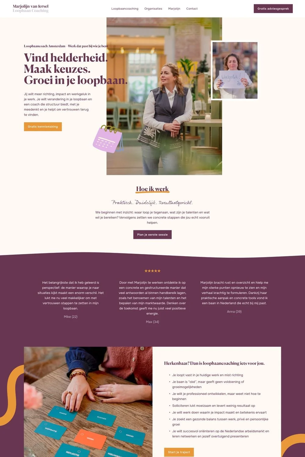 Squarespace website maken voor Marjolijn van Iersel loopbaancoaching in Amsterdam gemaakt door Made by Anouk