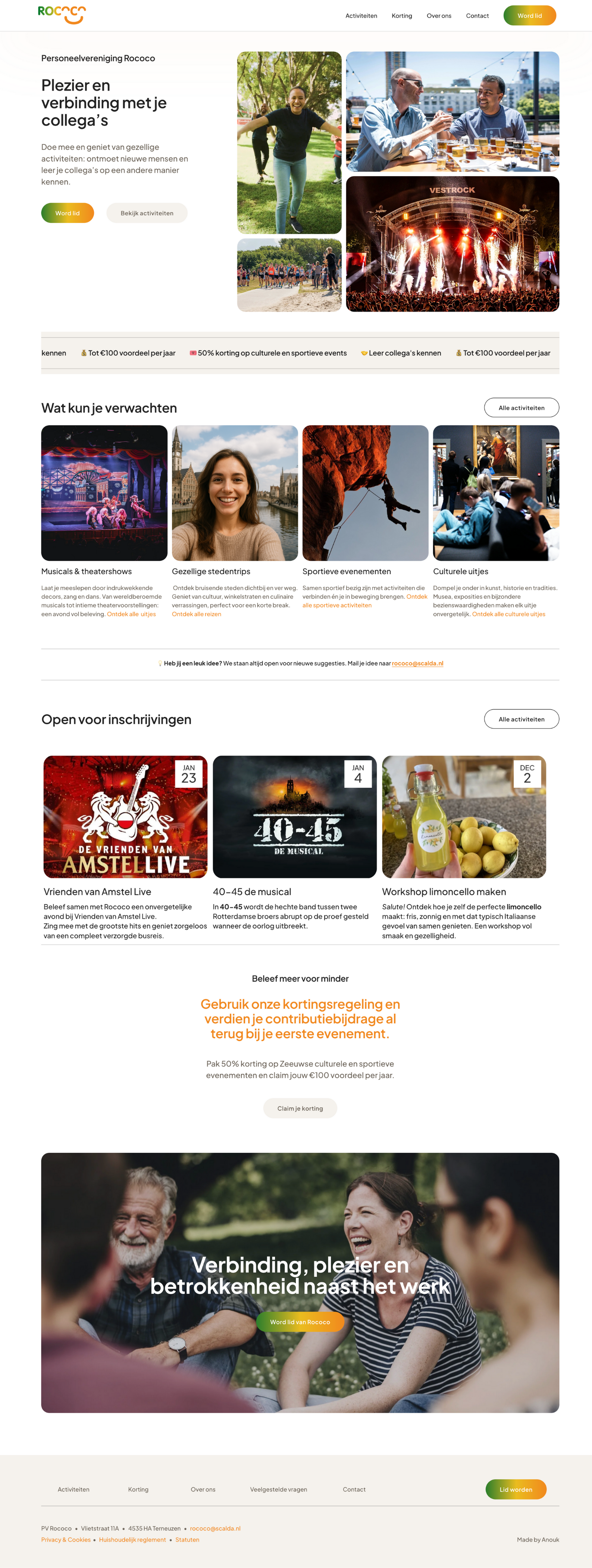 Squarespace website voor persooneelsvereniging Rococo Zeeland gemaakt door Squarespace specialist Made by Anouk