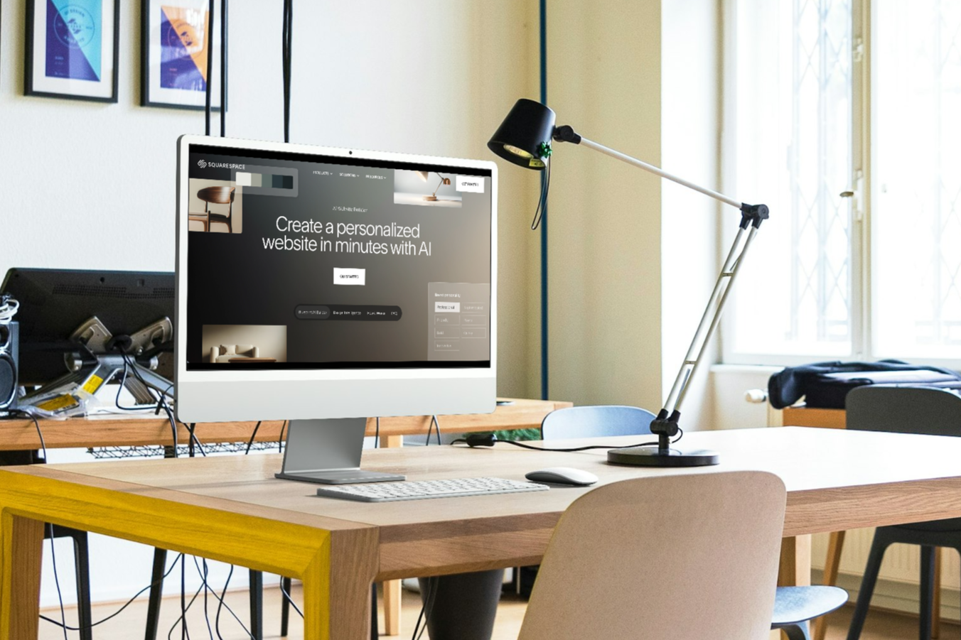 Een kantoor met Imac op tafel waarbij je op het scherm de website te zien is van Squarespace Blueprint AI