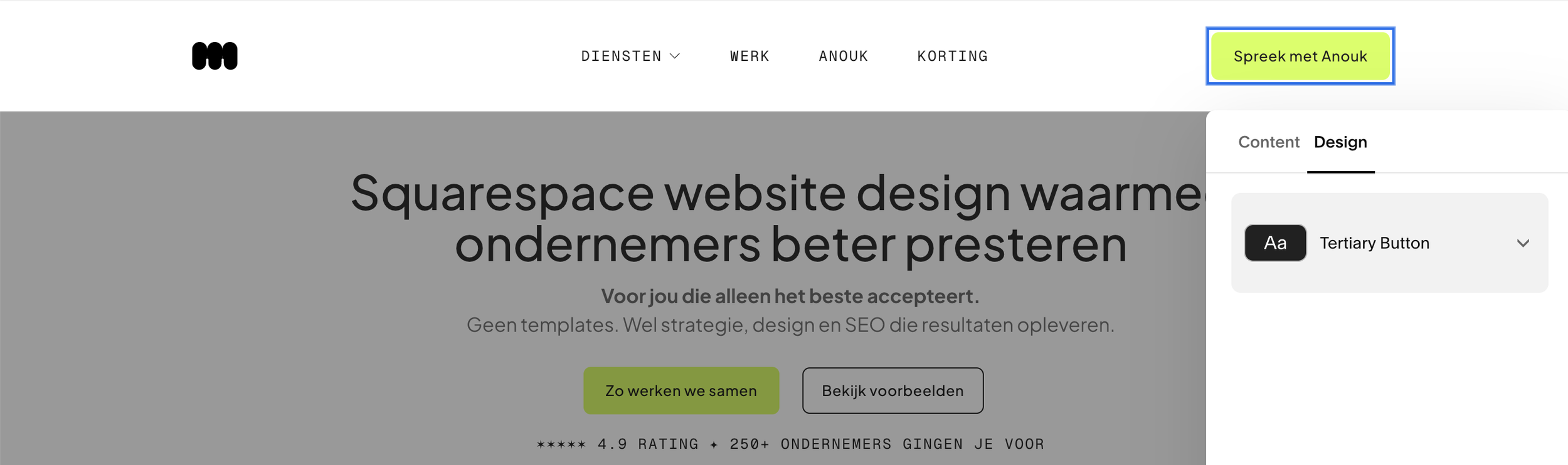 De header button heeft een aparte stijlpaneel in Squarespace via Edit Site Header