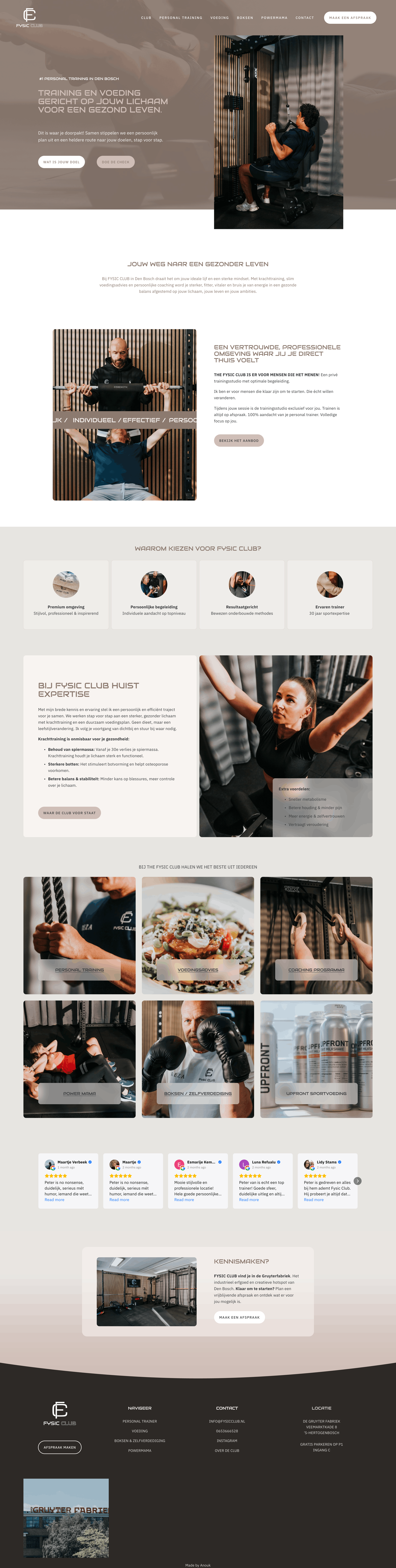 De homepage van Fysic Club Den Bosch als voorbeeld van een Squarespace fitness website gemaakt door Made by Anouk, de Squarespace specialist Nederland