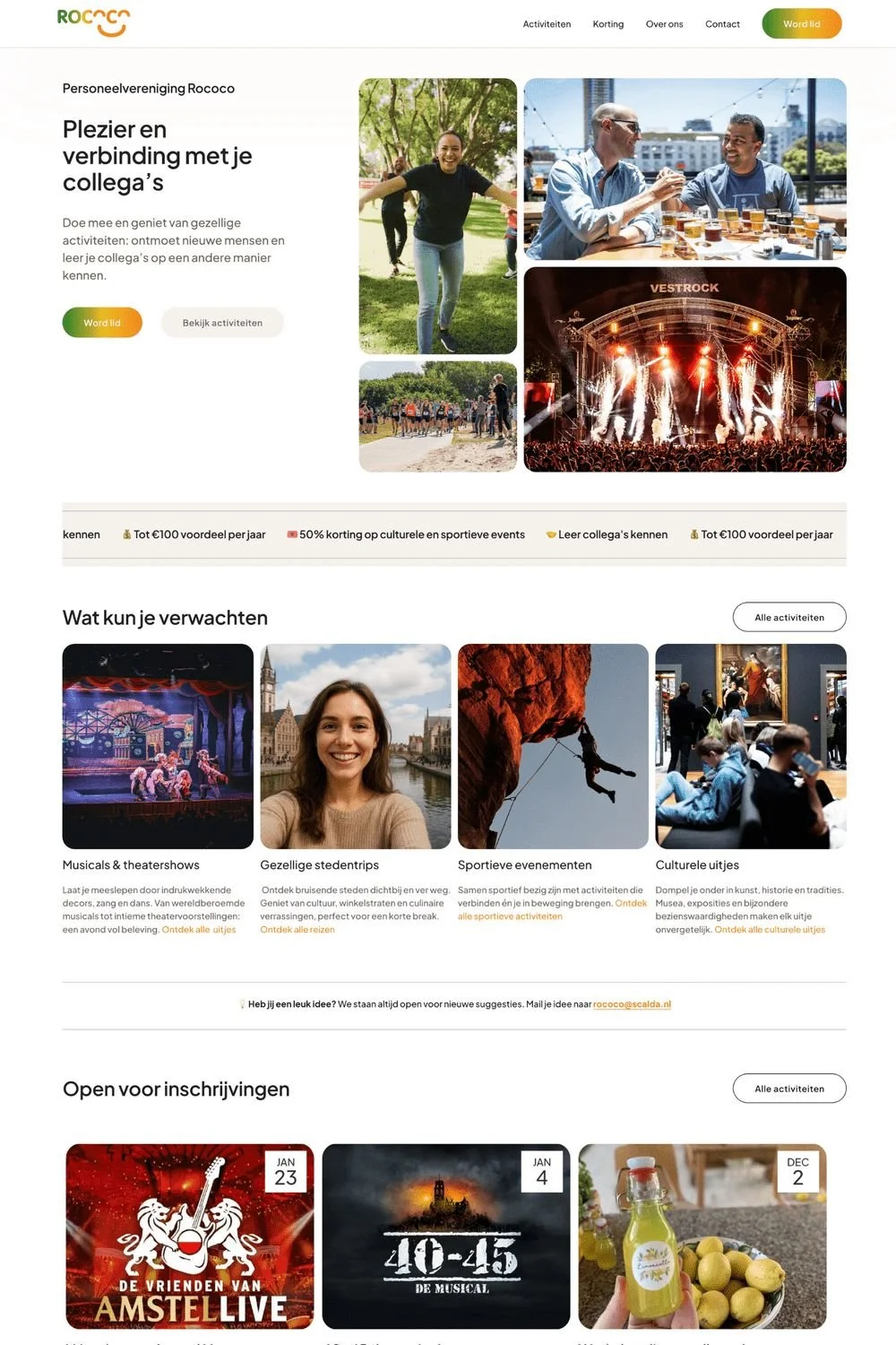 Squarespace website voor persooneelsvereniging Rococo Zeeland gemaakt door Squarespace specialist Made by Anouk
