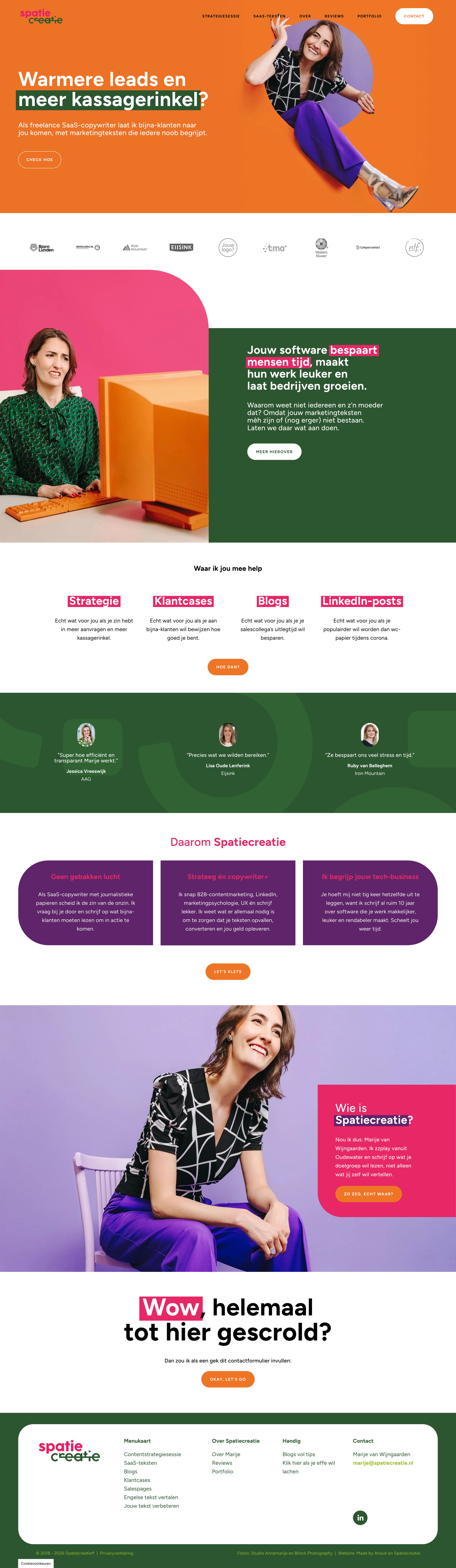 Homepage van de Spatiecreatie Utrecht, een kleurrijk Squarespace website ontwerp met felle vlakken in oranje, roze en groen, professionele fotografie en duidelijke call-to-action knoppen.