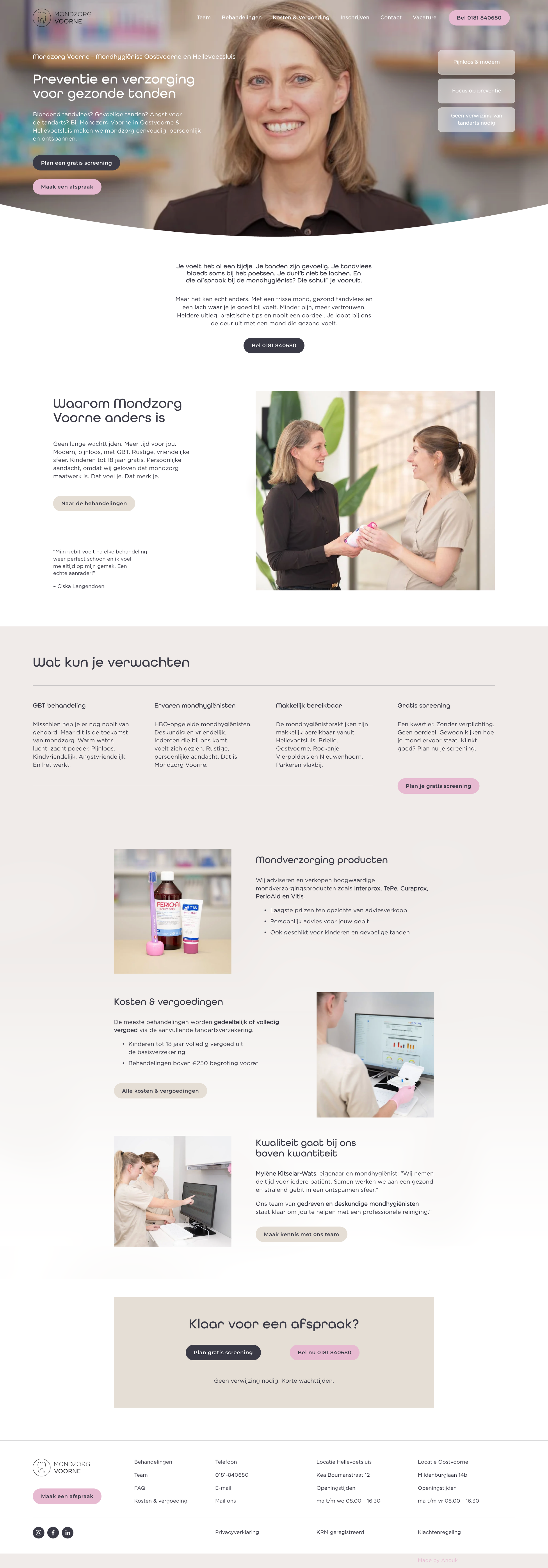 Website van mondzorgpraktijk Voorne gemaakt door Made by Anouk