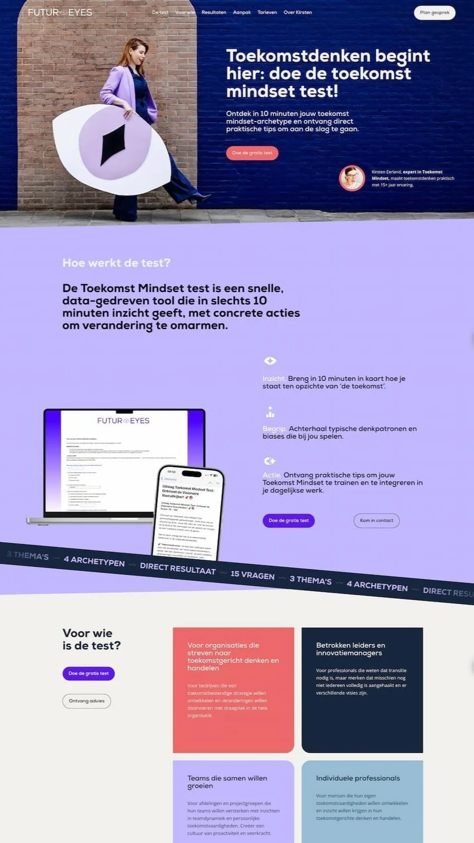 Futur Eyes one page van Kirsten Eerland van de Toekomst Mindset test gemaakt in Squarespace door Made by Anouk Squarespace webdesigner