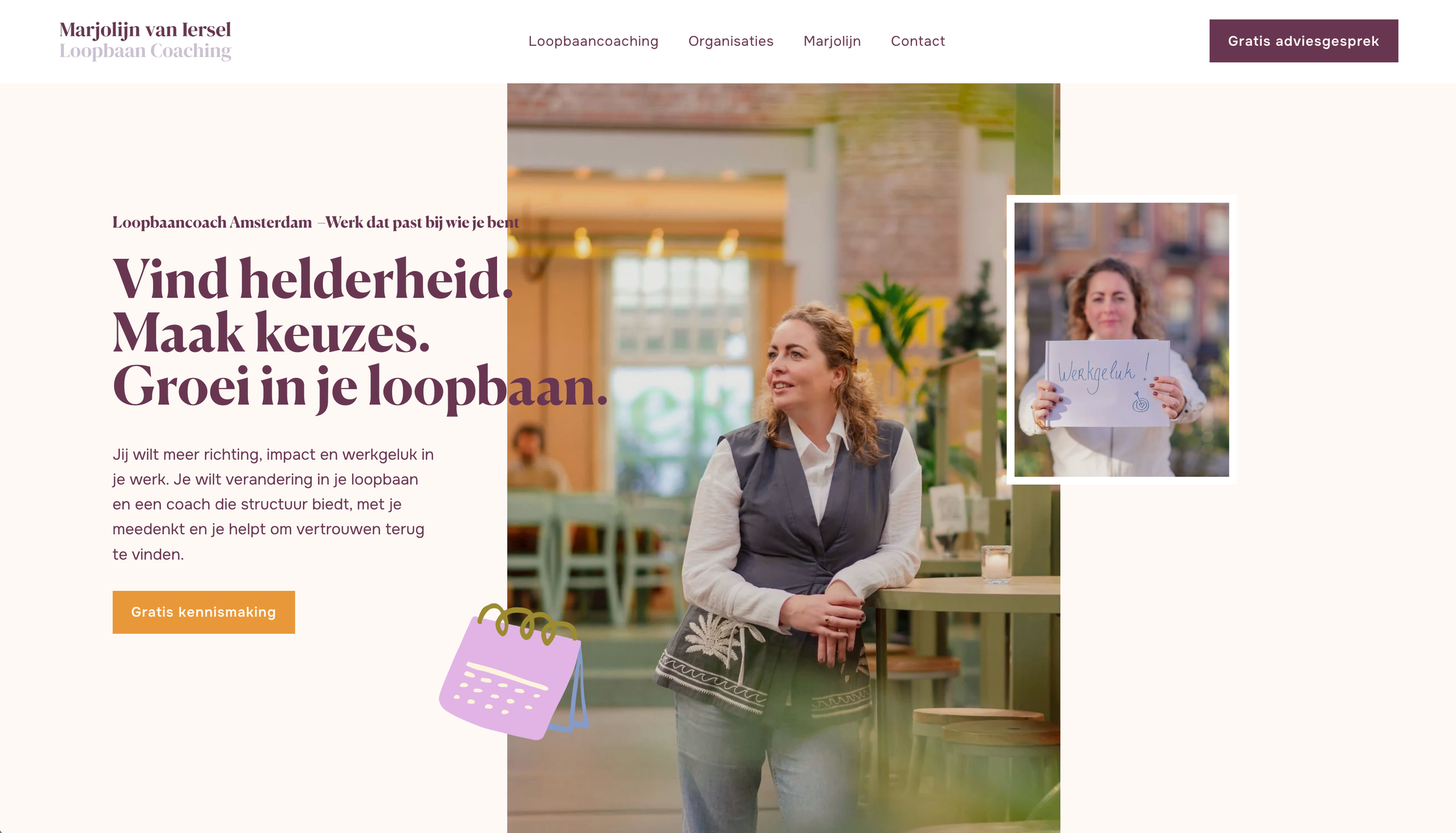 Hero sectie van homepage loopbaancoach Marjolijn van Iersel in Amsterdam gemaakt door Made by Anouk