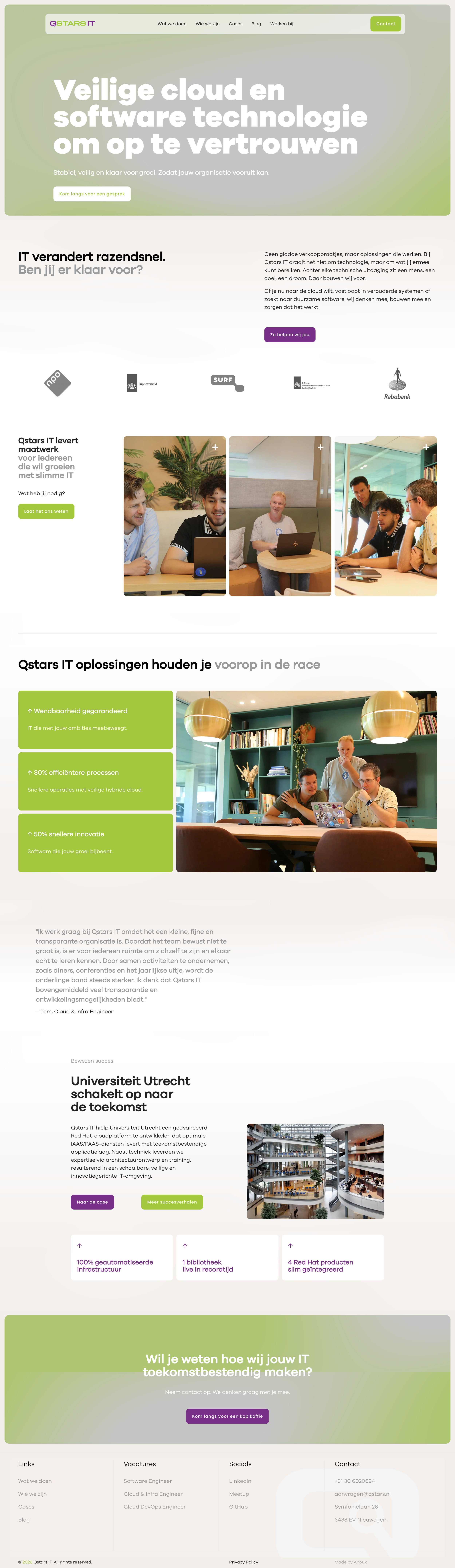 Squarespace website homepage ontwerp van Qstars IT met informatie over cloud en softwaretechnologie