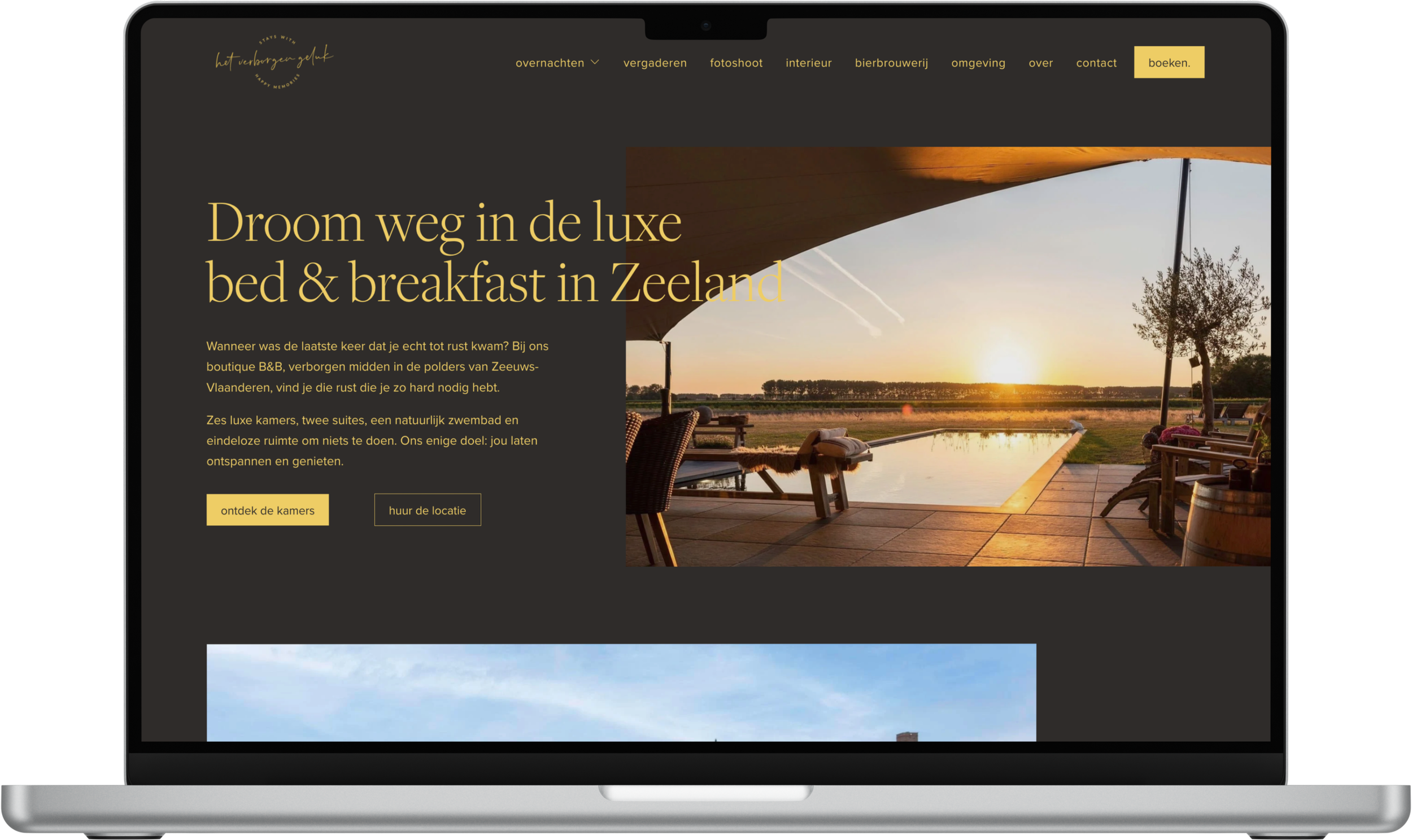 Homepage van een Squarespace website voor een luxe bed & breakfast in Zeeland met informatie over kamers, locatie en sfeer gemaakt door Made by Anouk