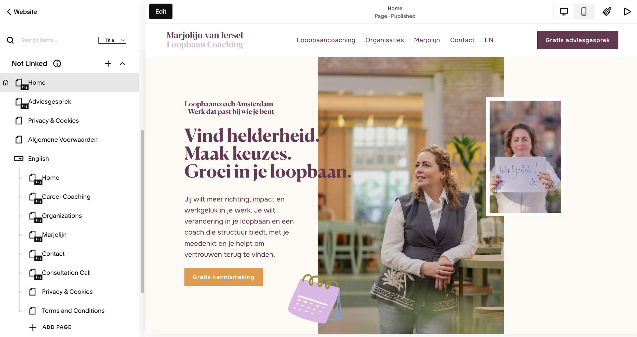Engelse versie van de Squarespace website van loopbaancoach Marjolijn van Iersel, met de taalwissel NL/EN in het menu