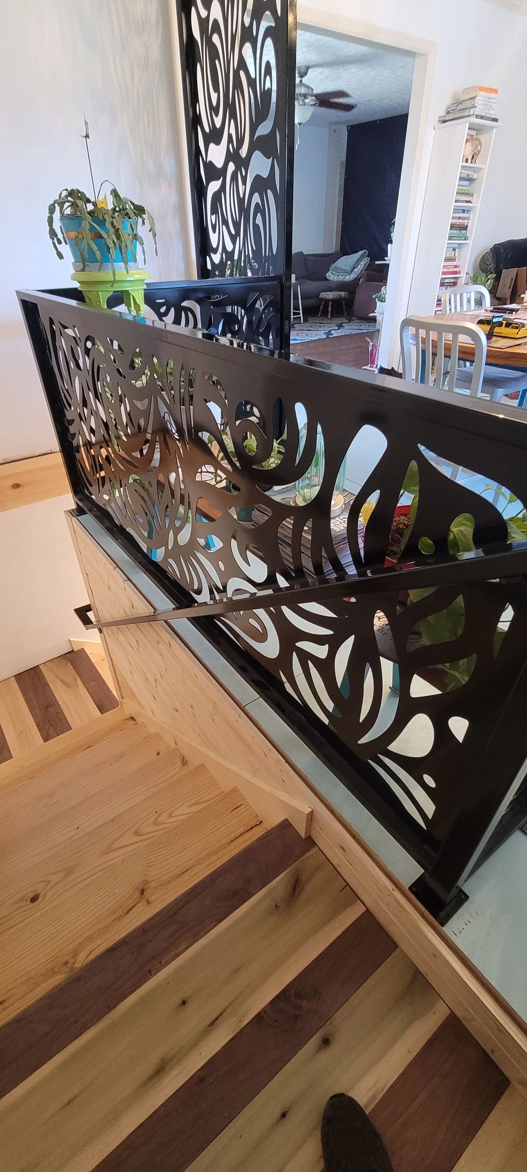 Custom steel railing with decorative plasma cut panels by Turn 2 Customz in Tellico Plains Tennessee