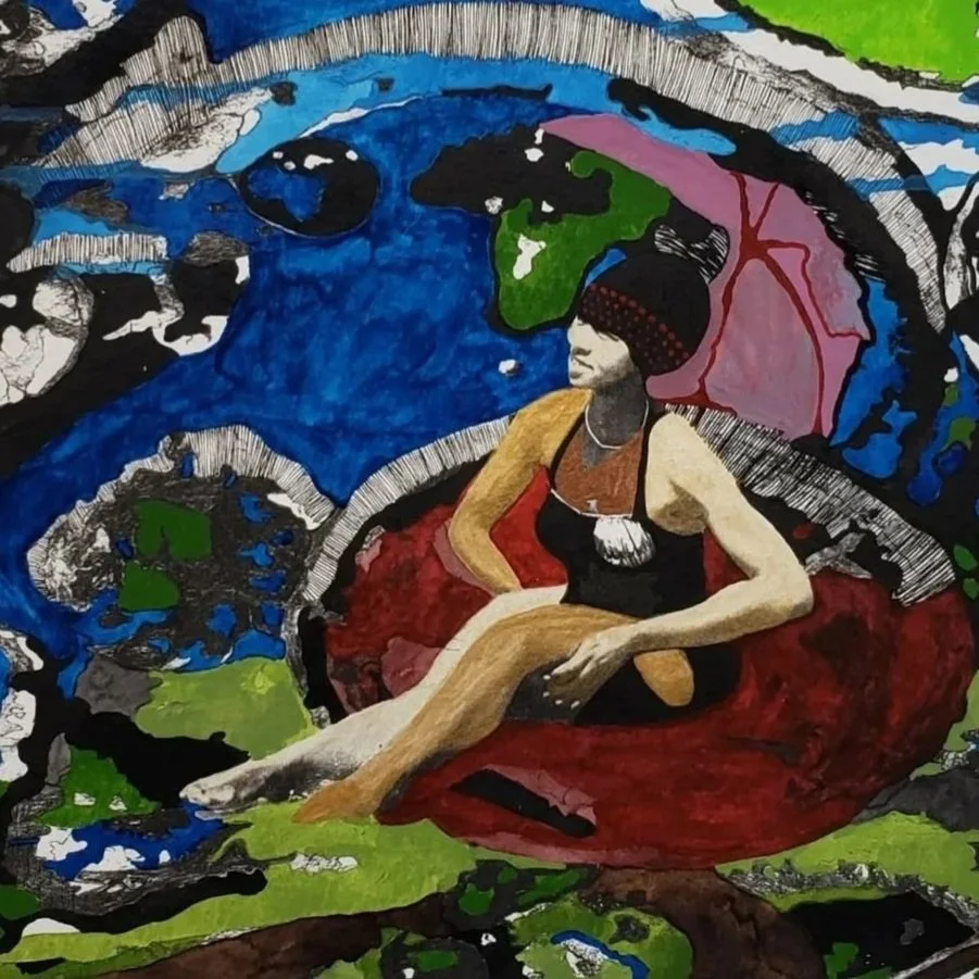 Title: Woman In the World of Byssochlamys (2022)
Medium: Mixed media on paper.
Dimensions: 8.5 x 11 in.
Year Created: 2022